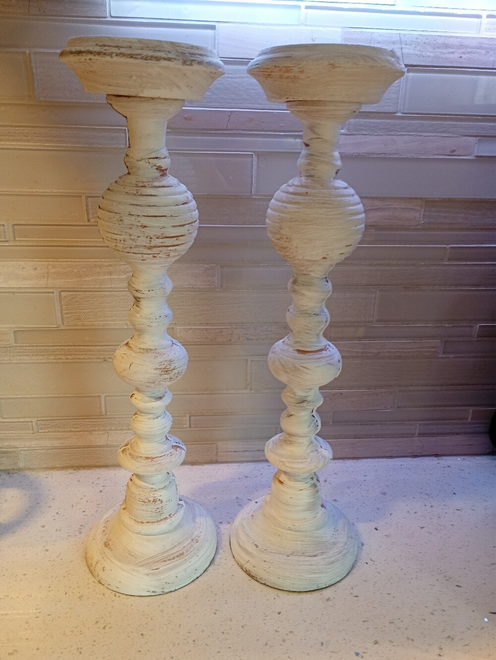 Rustic White Distressed Wood Candle Holders - Set of 2